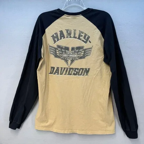 Harley Davidson T-shirt Men's L Black Gold Motorcycle Shirt Raglan Sleeve - Picture 2 of 12